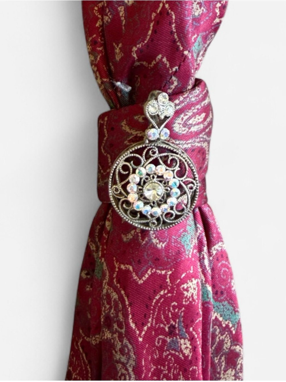 Vintage Silk Paisley Fuchsia NeckTie Necklace with AB Necklace with Rhinestones - Picture 3 of 4